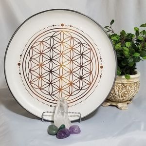 Double Circle Golden Flower of Life Stoneware Crystal Grid Cream and Gold  10.5"